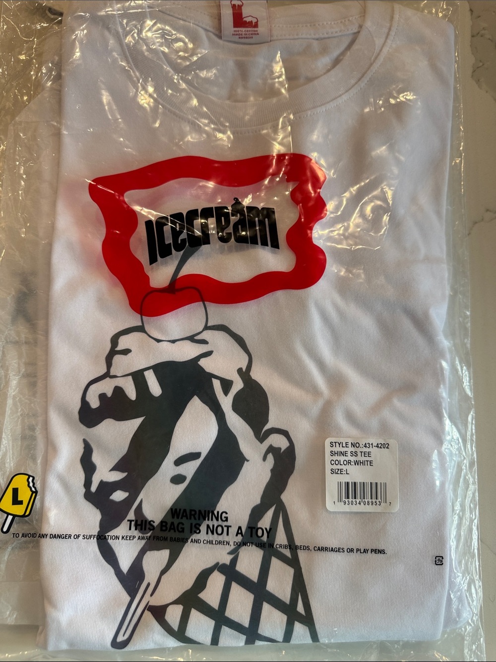 Icecream White Shine SS Tee with Iridescent Metallic Ice Cream logo graphic